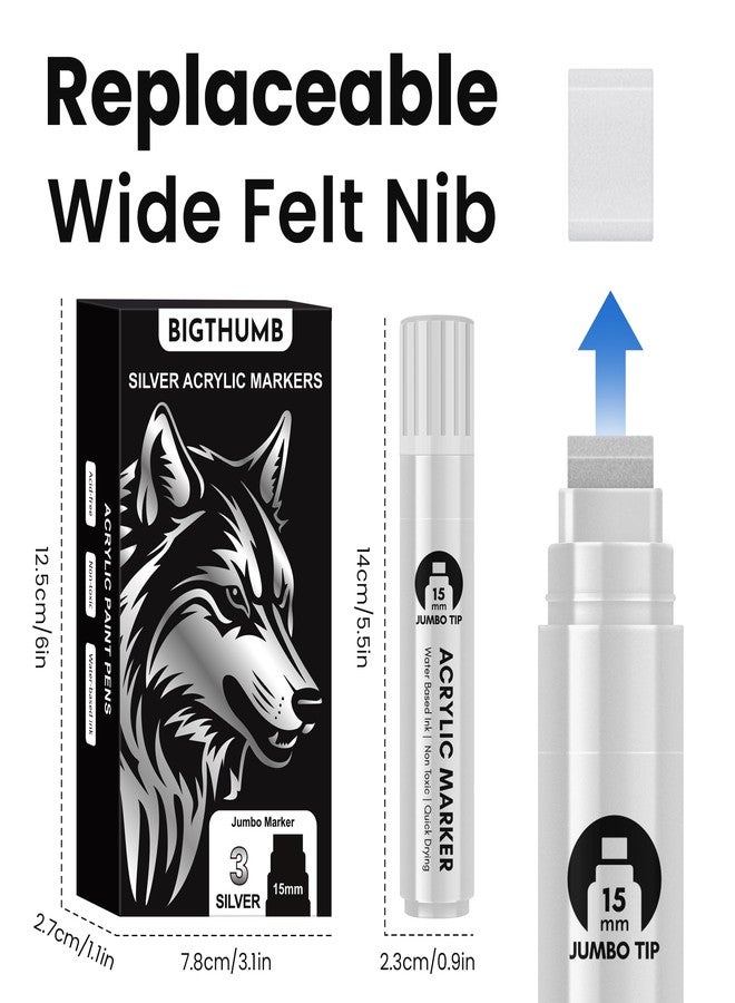 BIGTHUMB 3 Pcs Silver Jumbo Permanent Markers: 15mm Wide Tip Thick Acrylic Paint Pen Large Calligraphy Marker for Rock Painting, Poster, Sign, Canvas, Glass, Wood, Ceramic - Image 5